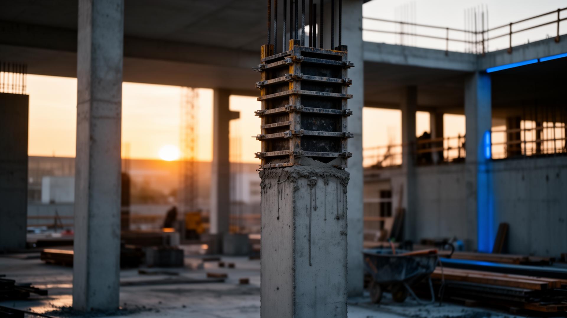 Schalung an einer frisch betonierten Stütze auf einer modernen Baustelle